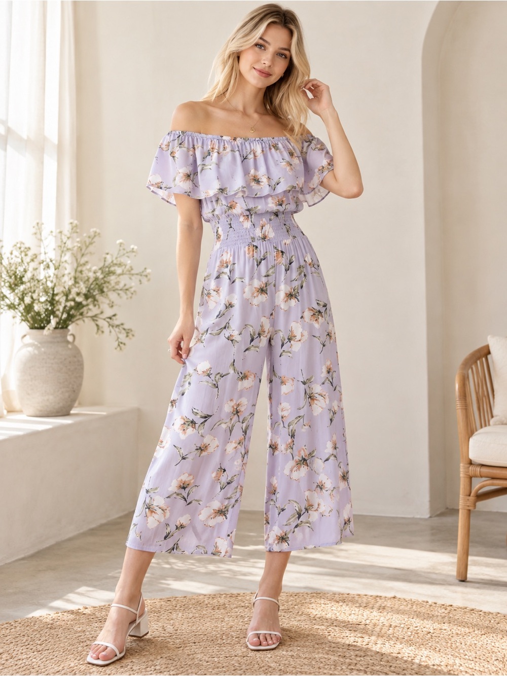 Atmosphere Lavender Purple Floral Ruffle Smocked Off Shoulder Jumpsuit
